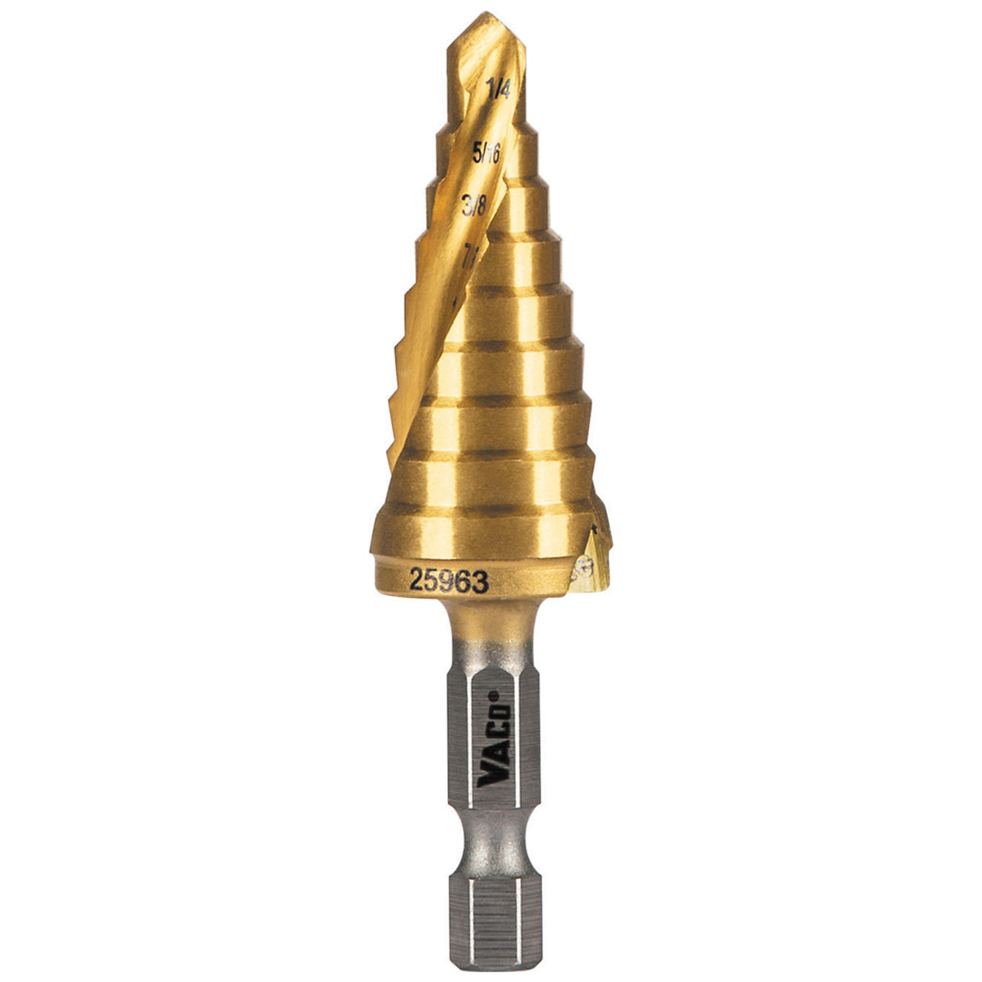 Klein Tools, 9-Step Drill Bit, Double-Fluted, 1/4in. to 3/4-I, Size (SAE) Multiple in, Included (qty.) 1 Model# 25963